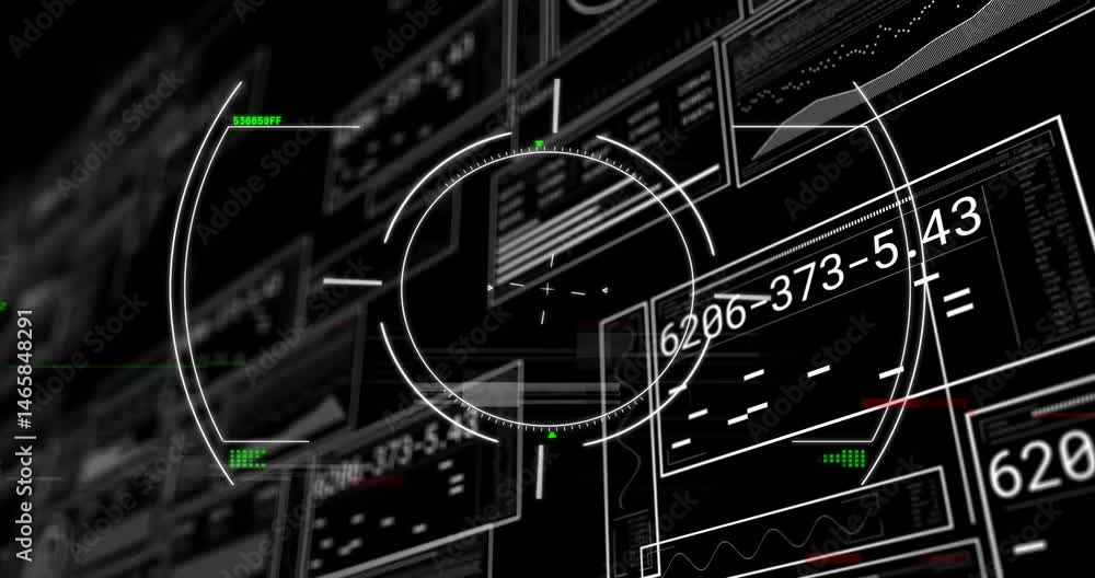 Poster futuristic circular hud reticle rotating in 3d interface, showing data panels and green highlights