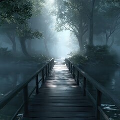 A wooden bridge leading to the forest, surrounded by lush green trees and shimmering water. The misty atmosphere adds an ethereal touch to the serene scene. A dream-like quality in.