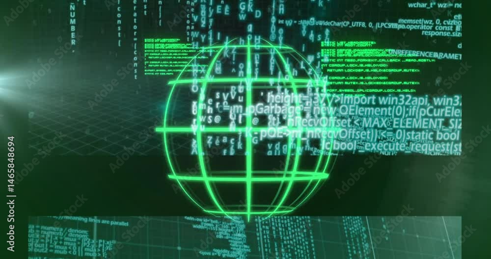 Poster Glowing green wireframe globe rotating in 3D interface, showing mesh network and floating code