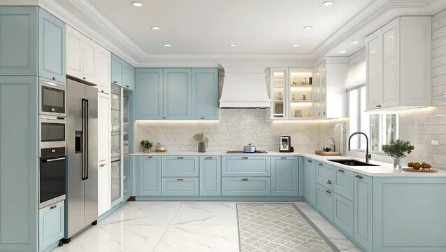 A modern kitchen featuring blue cabinets and stainless appliances