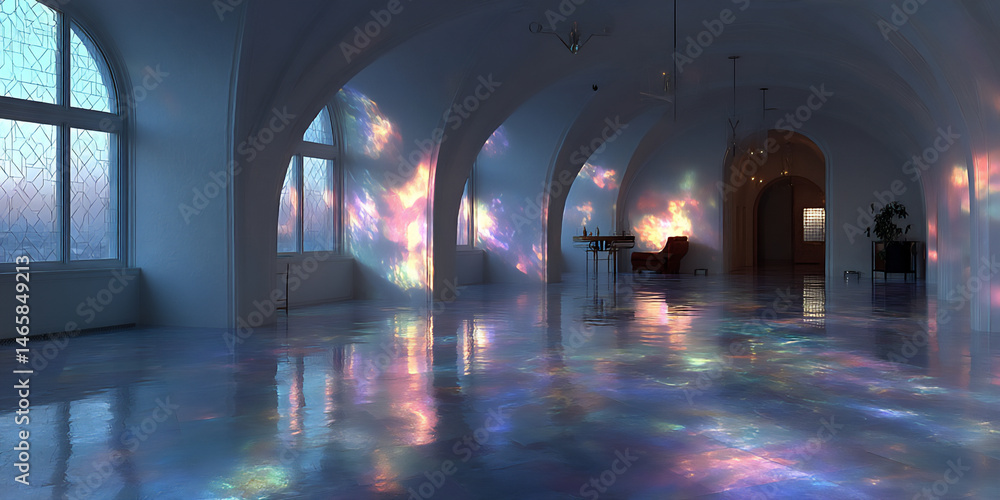 Poster an atmospheric 3d artwork depicting the patterns of sunlight streaming through windows onto the colo