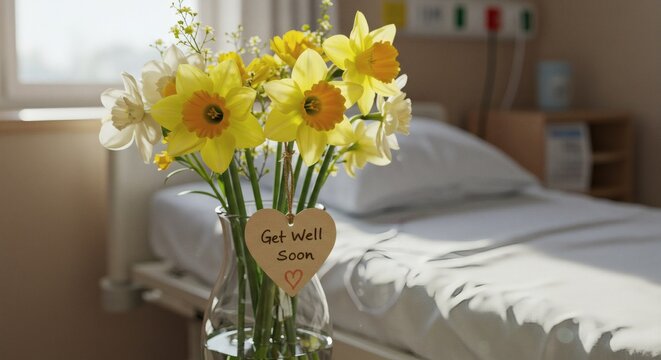 Flowers with Get Well Message in a Hospital Room Setting
