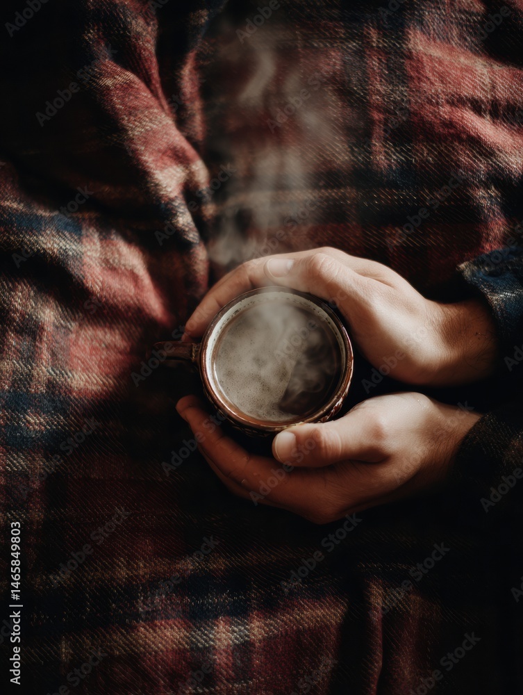 Aufkleber hands cradling a steaming cup surrounded by cozy flannel while enjoying a warm beverage indoors gene