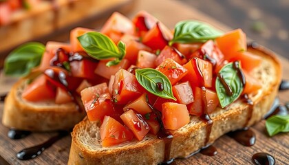 Closeup of Two Slices of Bruschetta Topped with Diced Tomatoes, Fresh Basil, and Balsamic Glaze on Dark Wooden Background