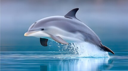 Obraz premium A stunning dolphin leaps gracefully from the shimmering water, showcasing its sleek body and playful spirit
