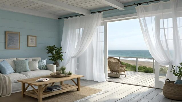 Living room with ocean view and white curtains and wooden furniture