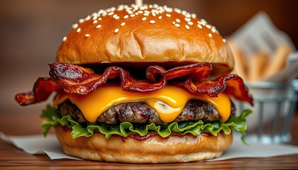 Juicy Beef Burger with Crispy Bacon and Melted Cheese on Wooden Table