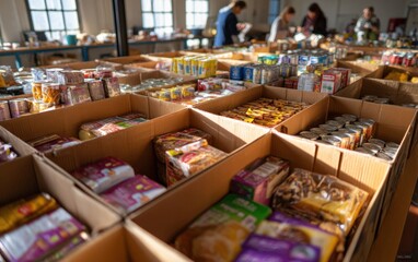 Food donations sorted in cardboard boxes