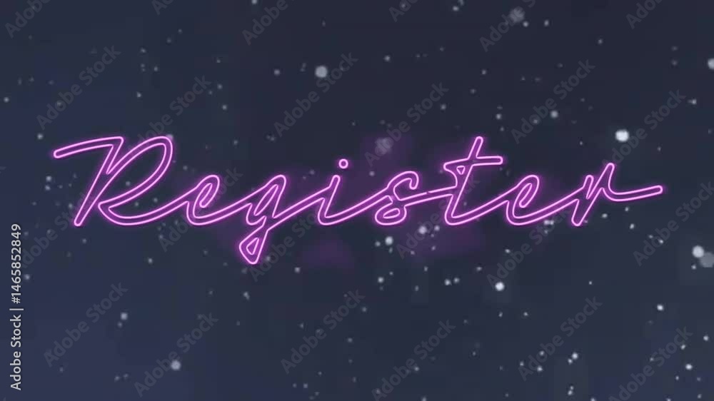 Poster glowing neon pink cursive register text floating over starry background in flat design