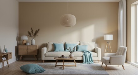 Beige and Teal Minimalist Living Room Interior