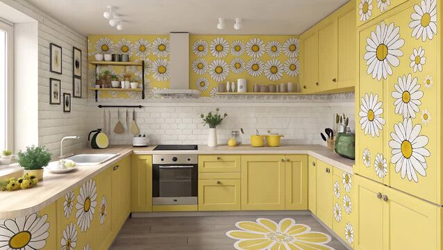 Yellow kitchen with daisy wallpaper and matching daisy rug decor