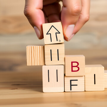 hand drawing an upward arrow on wooden blocks.