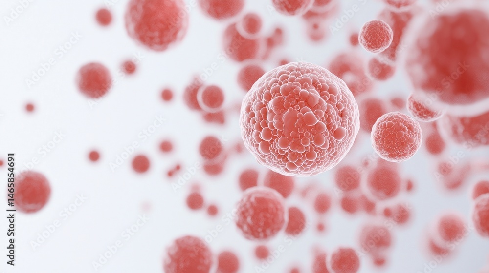 Poster red and white spherical cells under a microscope, representing a cellular or biological structure in