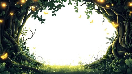 Enchanting forest glade with glowing lights and butterflies
