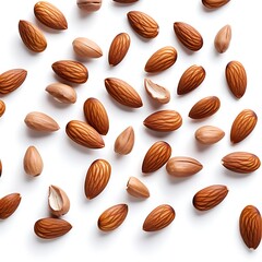 Falling almonds isolated on a white background,
