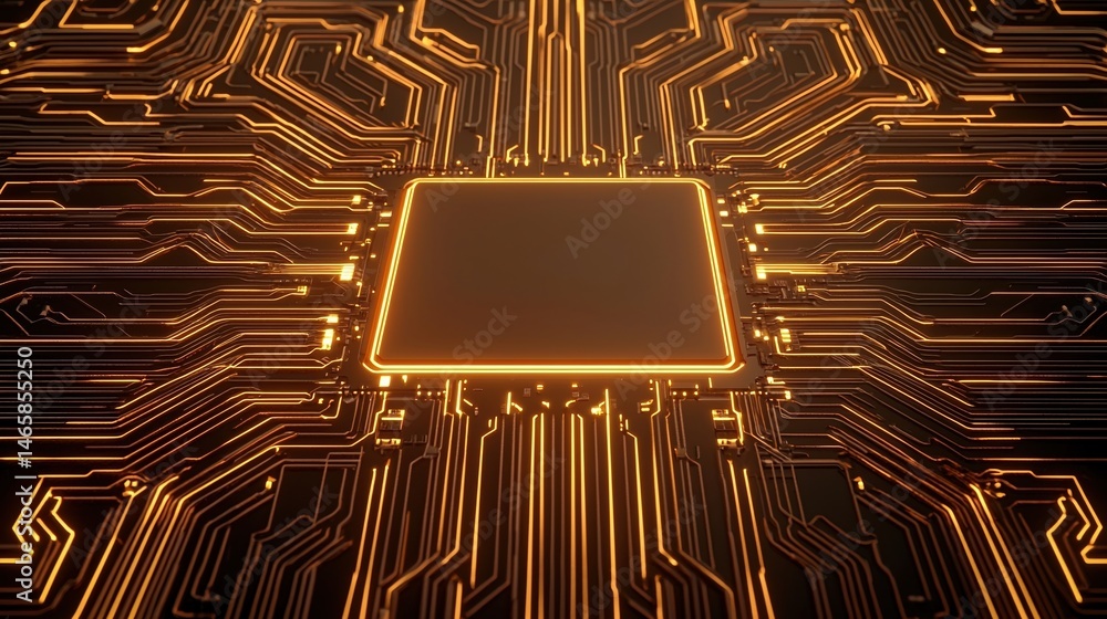 Poster a glowing microchip sits at the center of a complex, illuminated circuit board, symbolizing advanced