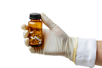 Gloved Hand Holding Medicine Bottle with Pills Isolated on Transparent Background