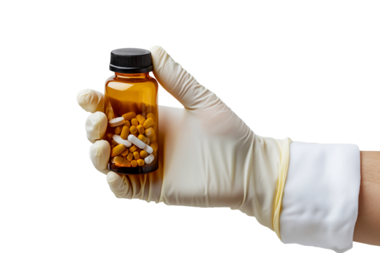 Gloved Hand Holding Medicine Bottle with Pills Isolated on Transparent Background