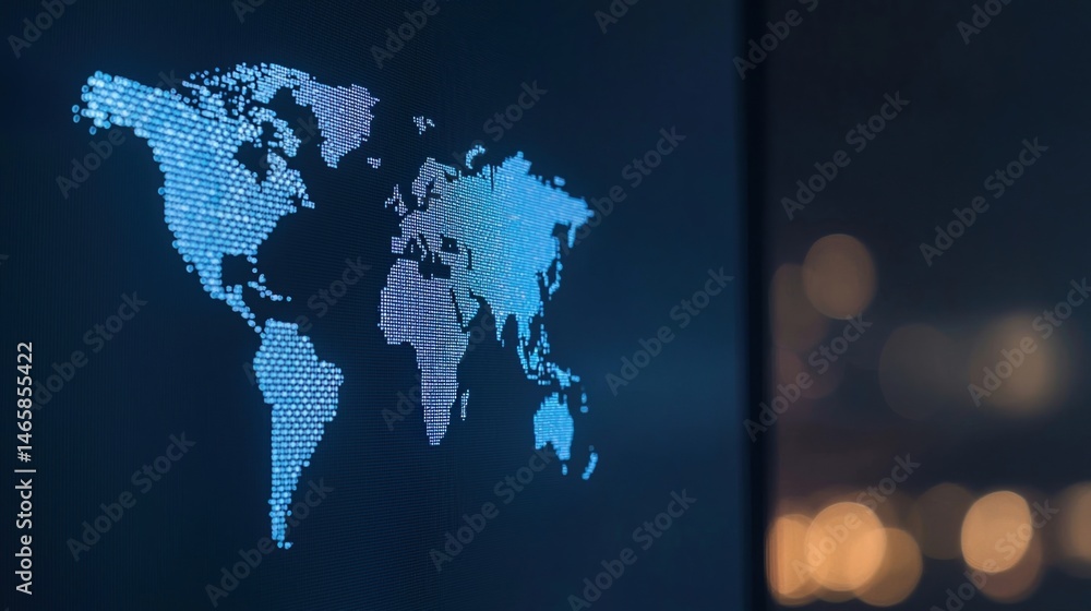 Poster a digital world map is displayed with glowing blue dots on a dark background, symbolizing global con