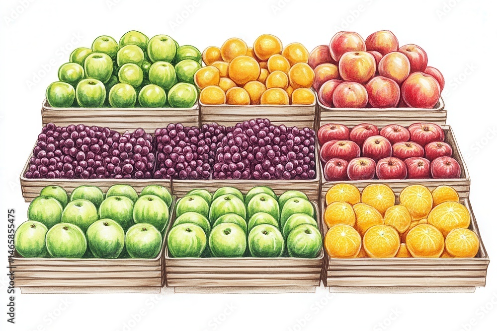 Poster vibrant display of assorted fruits in wooden crates at a bustling market setting