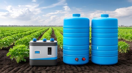 Blue water tanks and an irrigation system stand amidst a lush green field, showcasing modern agricultural technology for efficient crop management and water conservation.