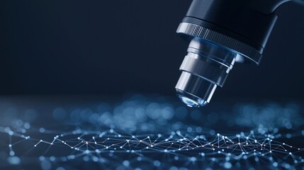 A close-up of a microscope lens focusing on a digital network of connected data points, symbolizing scientific research and technology.