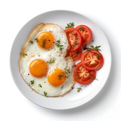 Fried eggs with tomato slices on a white plate, top view, isolated on a transparent background. 