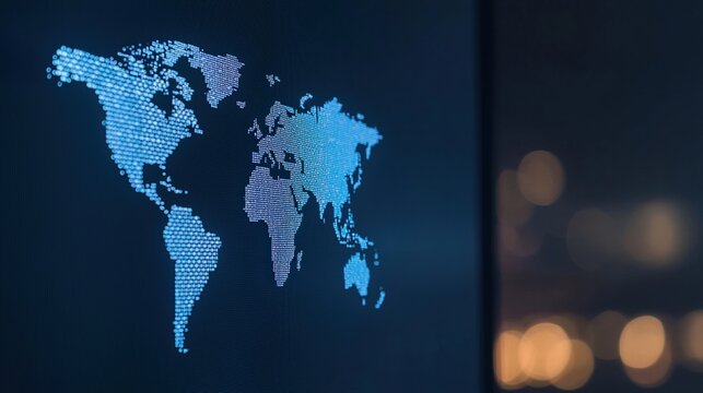A digital world map is displayed with glowing blue dots on a dark background, symbolizing global connectivity and technology.