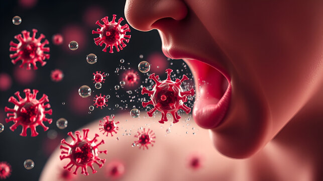 Droplet infection. VFX clip showing bacteria and viruses spreading in droplets after coughing.