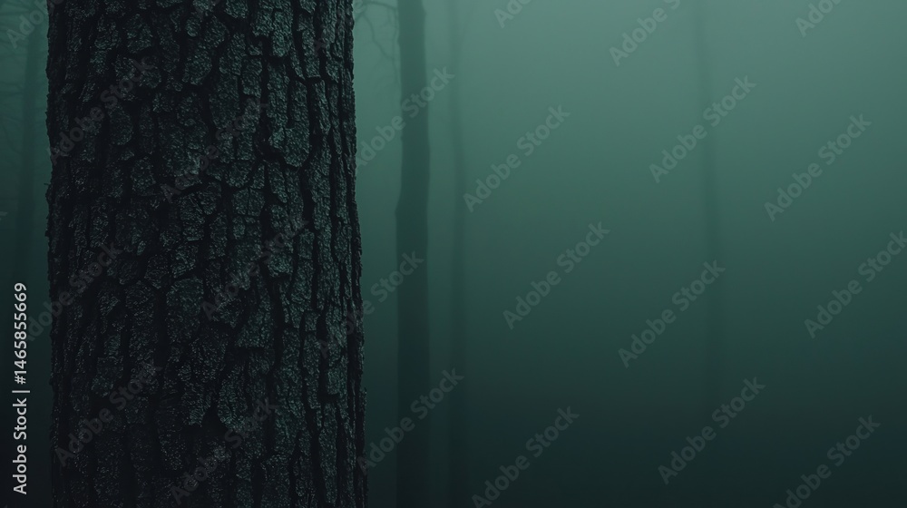 Poster a dark tree trunk stands in a misty, green forest, with fog obscuring the background trees, creating