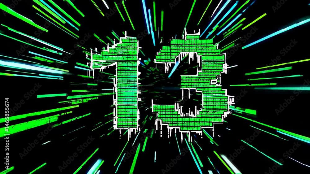 Poster glitchy green number 13 in pixelated style with streaks of digital speed lines.