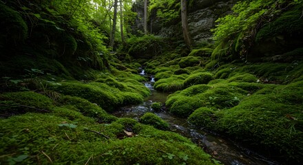 Vibrant green mossy landscape with stream flowing through forest