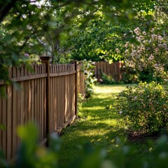 Lush Garden Pathway With Wooden Fence and Flowering Shrubs