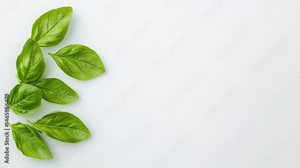 Poster fresh green basil leaves arranged on a light background with ample empty space.