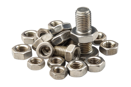 A macro shot captures isolated steel nuts and bolts, essential metallic fasteners for industrial construction work