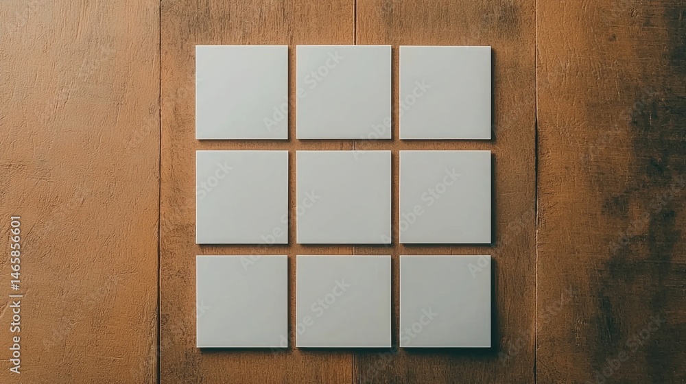 Poster nine white square tiles arranged in a grid pattern on a wooden surface.