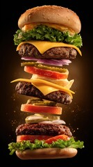 Floating juicy hamburger layers with fresh vegetables cheese pickles and beef patty on dark background