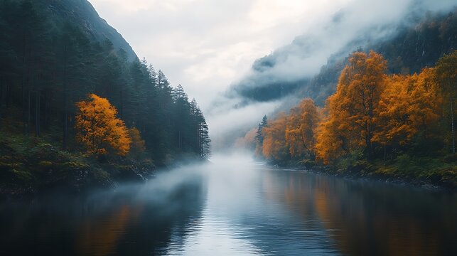 Foggy river in mountains shows autumn trees and reflections on the water