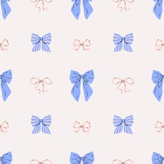 Aesthetic seamless pattern of blue and ivory ribbon bows on pastel background. Hand drawn vector illustration. Perfect for wedding design, party decoration, gift wrapping paper and textile