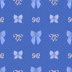 Cute aesthetic seamless pattern of blue and ivory ribbon bows on blue dotted background. Hand drawn vector illustration. Perfect for wedding design, party decoration, gift wrapping paper and textile