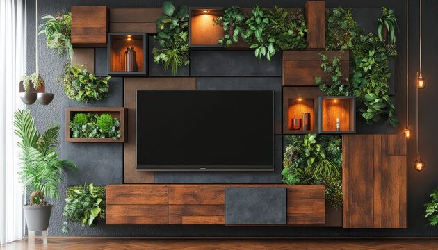 Modern wooden entertainment center with lush greenery and lighting.
