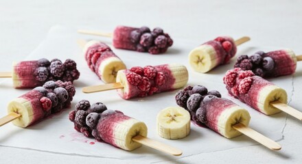 Frozen Banana Popsicles with Raspberries and Blackberries