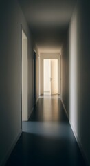 Modern hallway interior design with bright open door and minimalist architecture home decor and flooring ideas