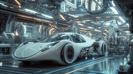 Obraz premium Futuristic White Sports Car in a High-Tech Automotive Assembly Factory