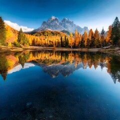 Fototapeta premium mountain lake surrounded by autumn trees, mirror reflection 