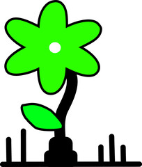 Bold illustration of a bright green flower with a black stem and leaf, standing on abstract ground shapes.