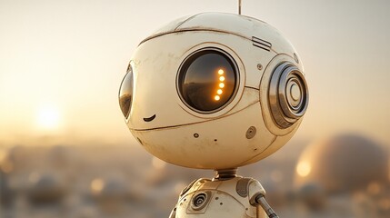 Small robot stares with big eyes in a bright landscape, neutral expression