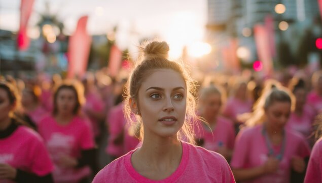 Women walking in pink shirt for charity - Powered by Adobe