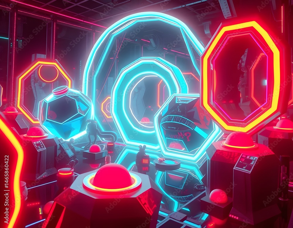 Poster futuristic shapes glow with neon light, a stunning 3d render creates a sci-fi atmosphere. bright col