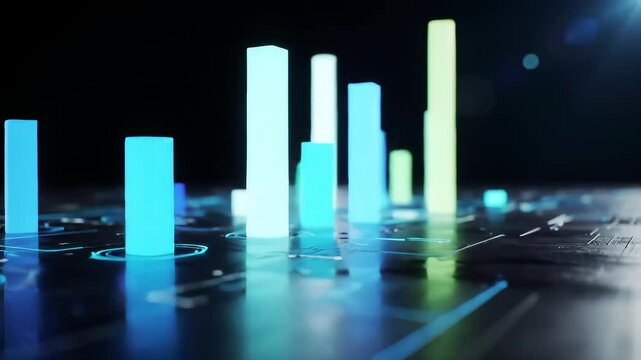 Futuristic Data Visualization with Glowing Blue Rectangles on Dark Surface Under Bright Light and Network Connections For Adobe Stock